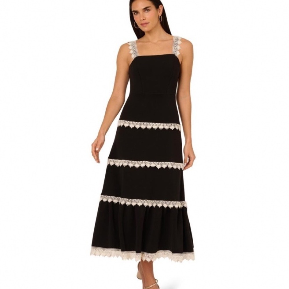 Adrianna Papell Crochet Trim Dress Womens 14 NWT Black Ecru Midi AD3D105940 $160